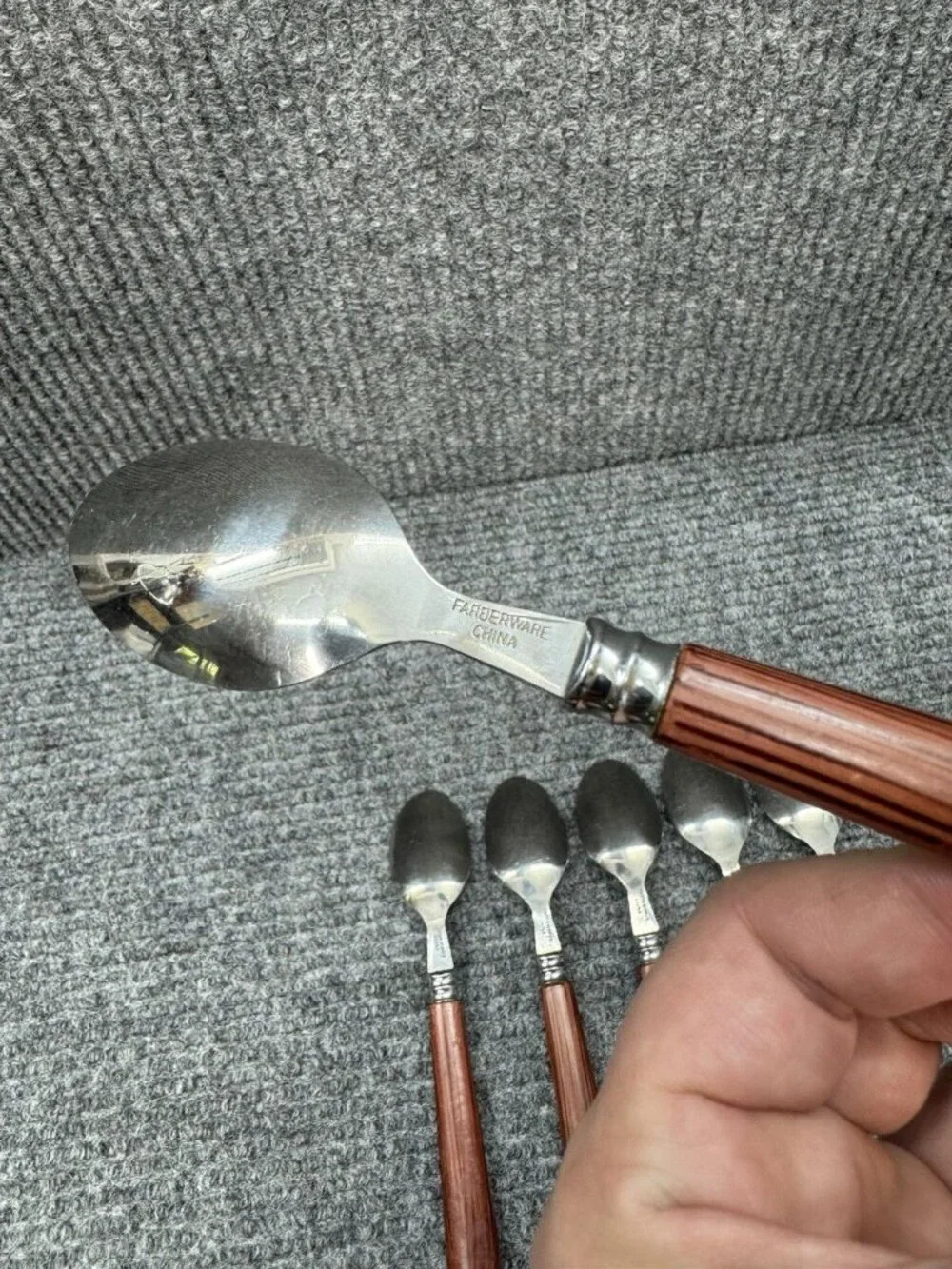 Faberware Silverware Lot Of 6 Spoons Teaspoon Faux Wood Brown Handle Vintage